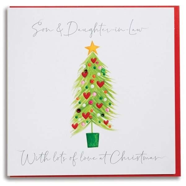 A christmas card for a son and daughter in law with a Christmas tree design