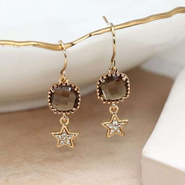 Faux gold plated drop earrings with smoky bronze coloured square crystals in golden claw settings and little star drops inset with clear crystals.