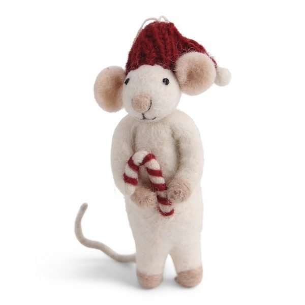 A white felt mouse holding a candy cane and wearing a red festive hat