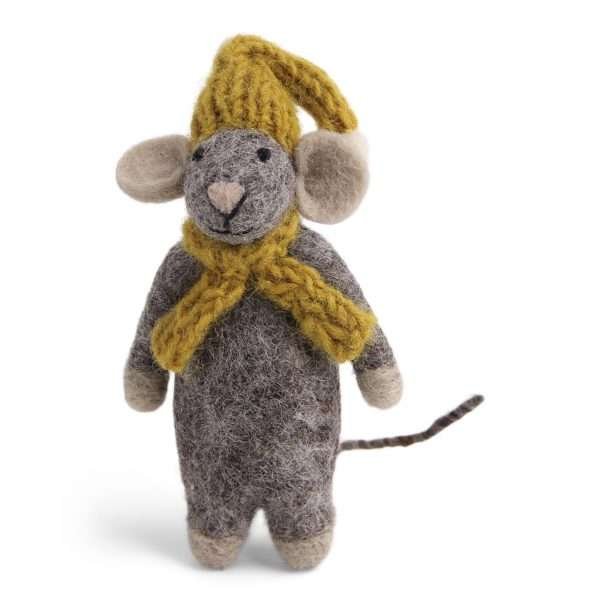 A sweet grey felt mouse with a knitted yellow hat and scarf