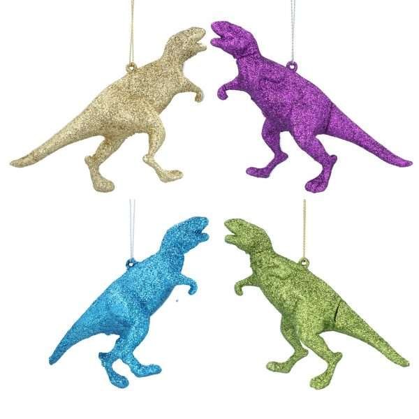 Glittery t-rex christmas decorations in a choice of gold, purple, blue and green