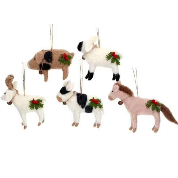 Felt hanging decorations with a sprig of holly. A choice of an old spot pig, a sheep, a goat, a cow or a horse