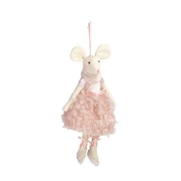 A stitched linen mouse dressed in a pink fluffy ballerina dress and little pink ballet shoes