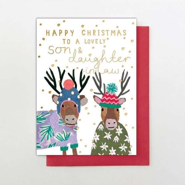 A cute card with reindeer and the wording Hapy CHristmas SOn and Daughter in law on it.