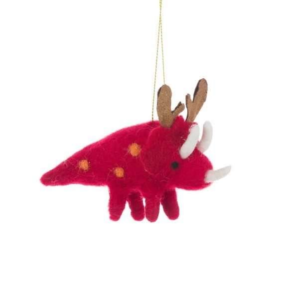 A red felt dinosaur with festive antlers and fun yellow spots