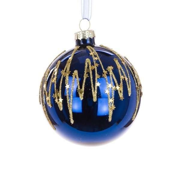 A deep blue glass bauble with gold glitter and stars decorations