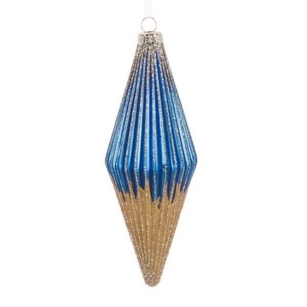 A finial bauble in gold and blue with glitter