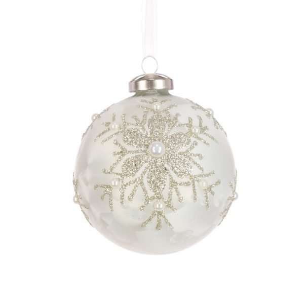 A white glass bauble decorated with glitter and pearl beads