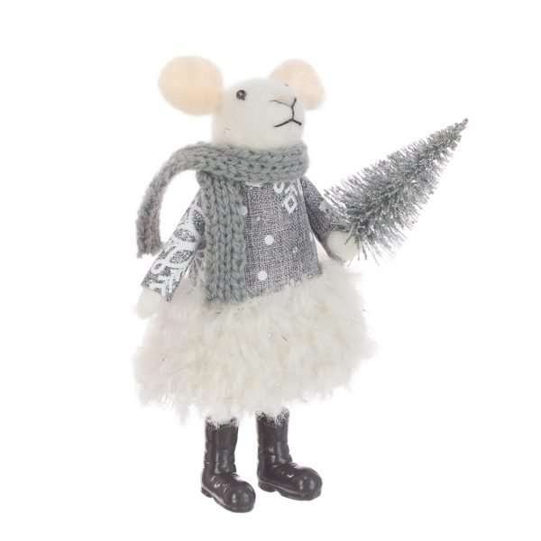 A little white festive lady mouse in a grey winter outfit carrying a silver bristle tree