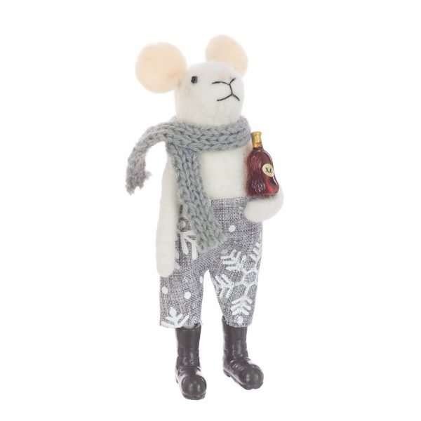 A felt my mouse with a grey wooly scarf, white jumper and smart grey trousers carrying a bottle of brandy