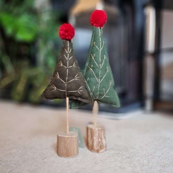 A green felt Christmas tree tieh a red pom pom