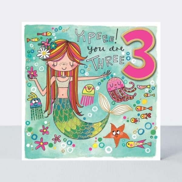 An age 3 birthday card with a beautiful under the sea mermaid. Yipee you are 3