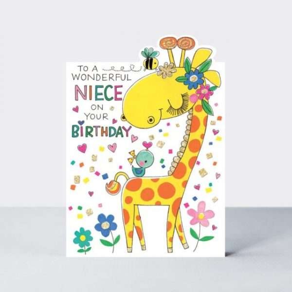 A niece birthday card with a super cute giraffe on a bright neon flowery background