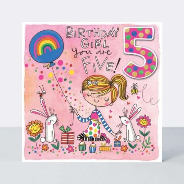 A girls 5th birthday card with a little girl holding a balloon