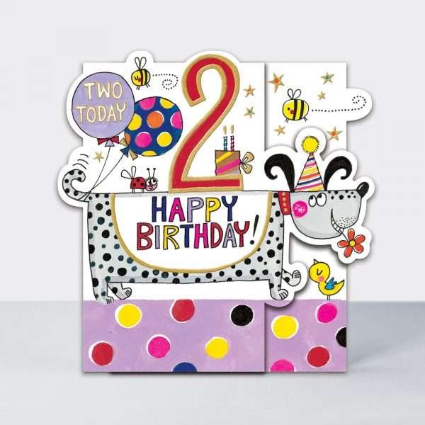 A 2nd birthday card with a spotty dog and a pink spotty background