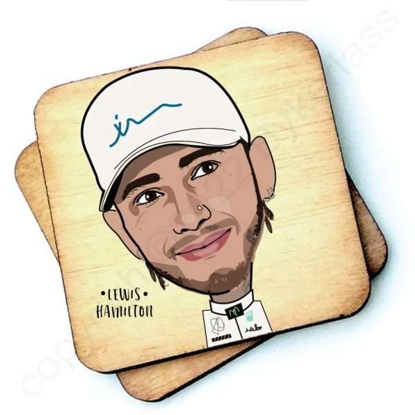 A wooden coaster with an illustration of Lewis Hamilton