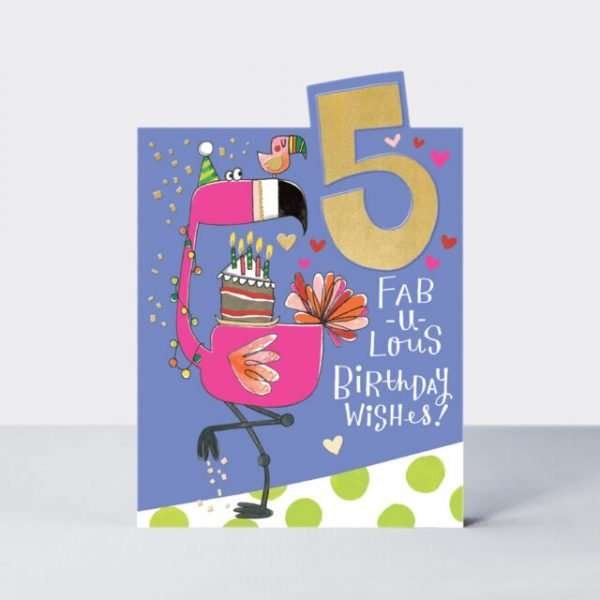 A 5th birthday card with a pink flamingo against a purple background