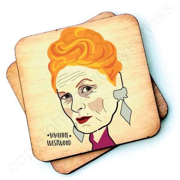 A wooden coaster with an illustration of Vivienne Westwood