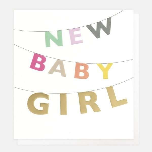 New baby girl card with the letters all in different pastel shades and written like bunting