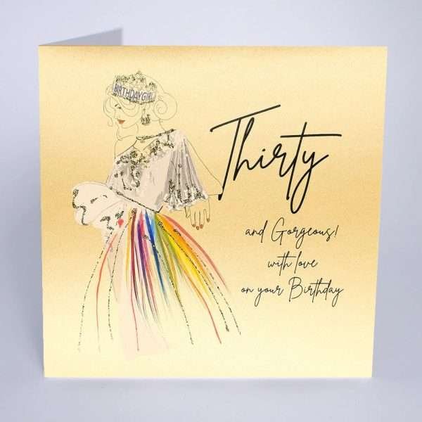 A 30th birthday card with a hand painted illustration of a lady in a dress