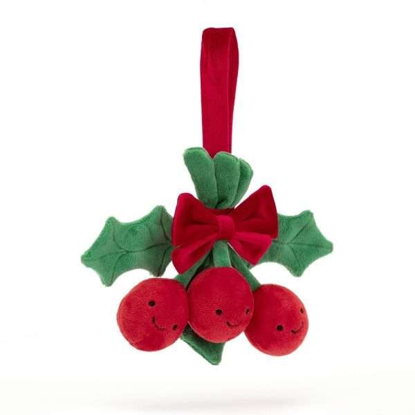 A jellycat cuddly holly sprig with cute faces on the 3 berries