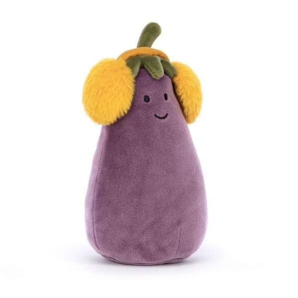 A jellycat vivacious vegetable aubergine with yellow fluffy ear muffs