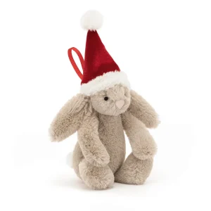 Jellycat Bashful Christmas Bunny Decoration. A soft little beige bunny in a red Christmas hat hanging decoration