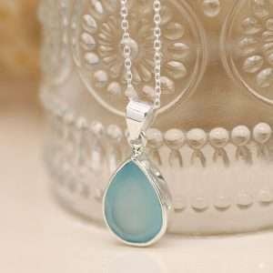 Sterling silver teardrop pendant with faceted semi-precious chalcedony gemstone on a silver chain, complete with extension to adjust the length.