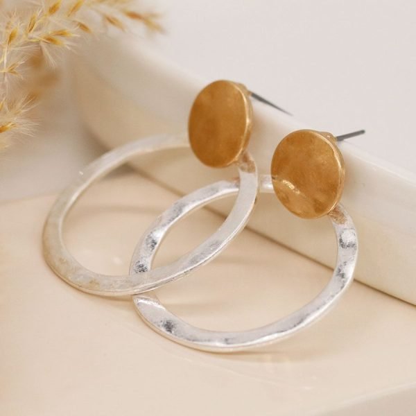 Elegant faux gold plated organic disc stud earrings with flattened silver plated hoop drops in a worn finish