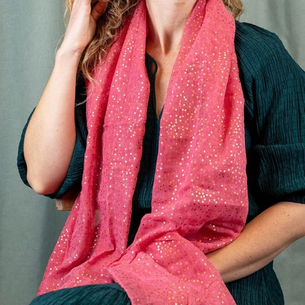 Recycled rich coral washed finish scarf with a beautiful metallic gold dotted print