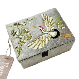 mink velvet jewellery box with an embroidered crane and blossom branch