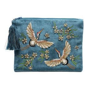 blue velvet purse with embroidered and embellished flying crane floral detail and tassel zip