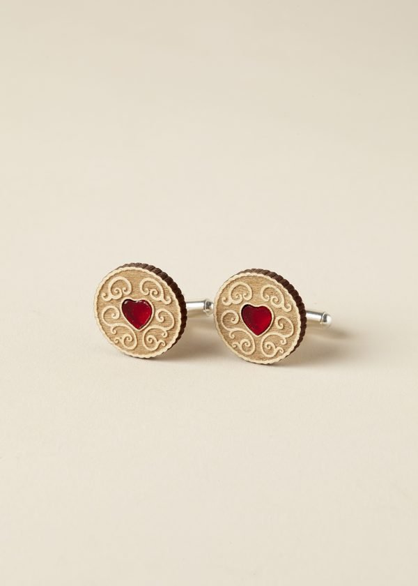 Cufflinks with little wooden jammy dodger biscuits