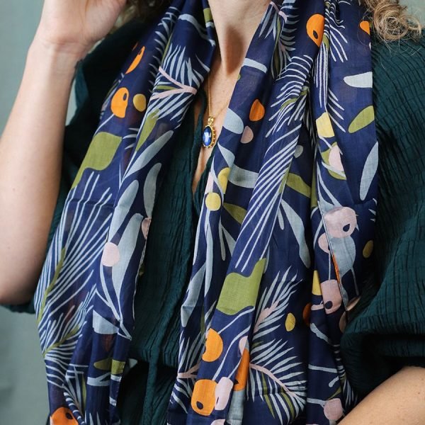 Organic cotton scarf in navy blue with a wild meadow floral print