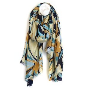 Bamboo viscose scarf with a painterly oversize petal print in navy blue, teal, camel and ecru