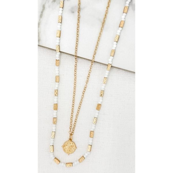 Long Gold and White Crystal Double Layer Necklace