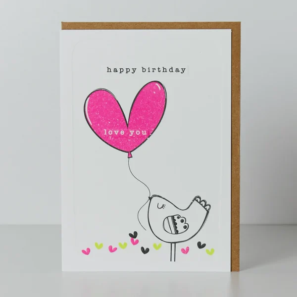 Bird With Heart Balloon Birthday Card