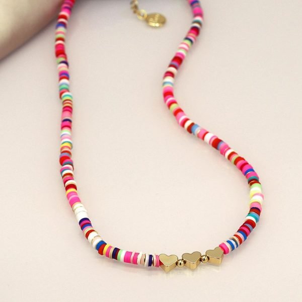 Rainbow Fimo Bead Necklace with Hearts