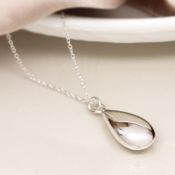 Sterling silver fine chain necklace with an elegant polished silver droplet pendant