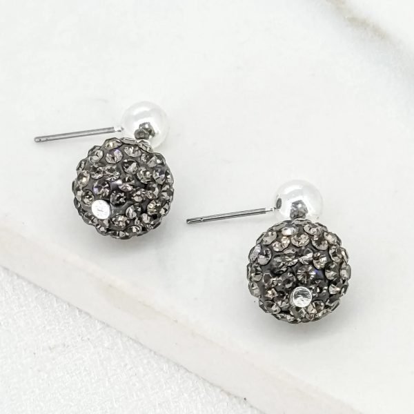 Silver drop earrings with a black crystal ball pendant