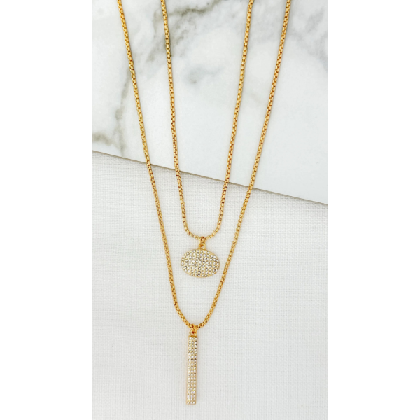 Gold necklace with diamante oval and bar pendants