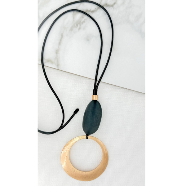 Adjustable long black cord necklace with gold open circle pendan