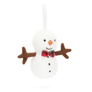 Jellycat Festive Folly Snowman. A soft nowman with a tartan bow tie hanging decoration