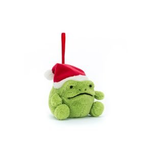 Jellycat Ricky Rain Frog Decoration. A soft green grumpy frog in a red santa hat